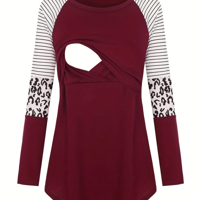 Maglietta Per Allattamento A Righe E Leopardi Per Maternità Da Donna, A Maniche Lunghe Per La Primavera/autunno, Abbigliamento Per Donne In Gravidanza