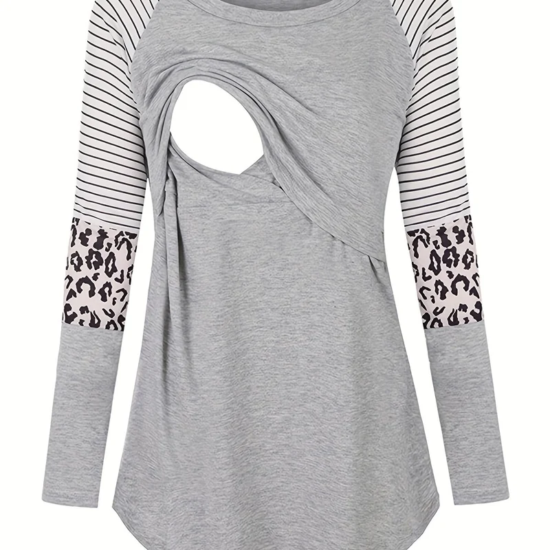 Maglietta Per Allattamento A Righe E Leopardi Per Maternità Da Donna, A Maniche Lunghe Per La Primavera/autunno, Abbigliamento Per Donne In Gravidanza