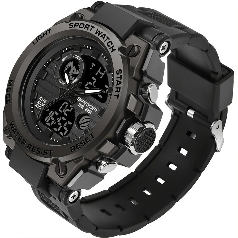 HOOSHU Orologi Da Uomo Sport All'aperto Impermeabile Data Analogica Display Doppio Multifunzione Tattiche LED Allarme Cronometro