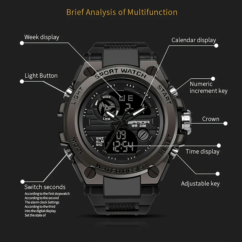 HOOSHU Orologi Da Uomo Sport All'aperto Impermeabile Data Analogica Display Doppio Multifunzione Tattiche LED Allarme Cronometro