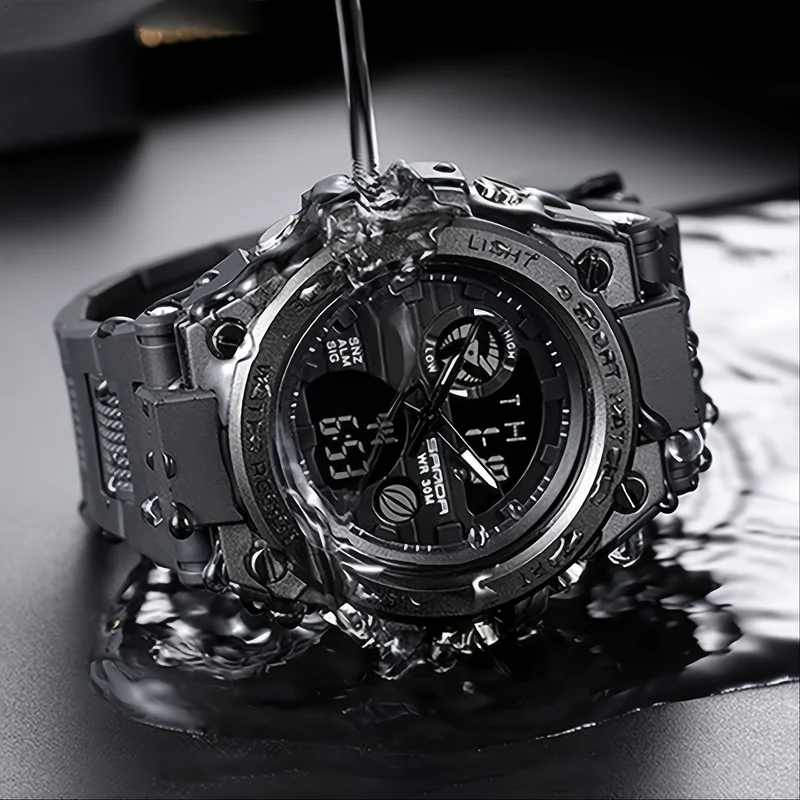 HOOSHU Orologi Da Uomo Sport All'aperto Impermeabile Data Analogica Display Doppio Multifunzione Tattiche LED Allarme Cronometro