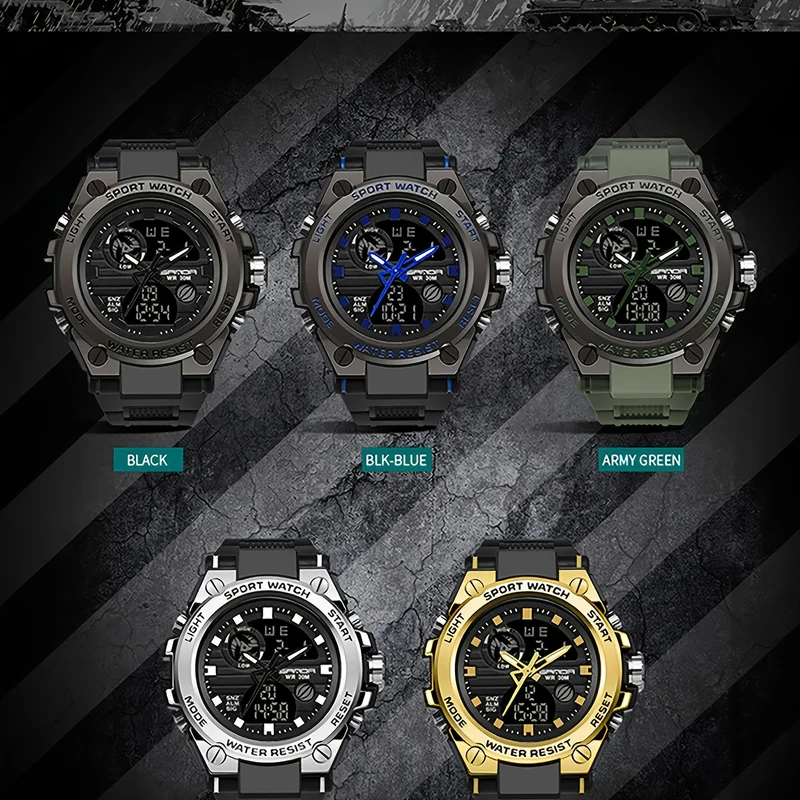 HOOSHU Orologi Da Uomo Sport All'aperto Impermeabile Data Analogica Display Doppio Multifunzione Tattiche LED Allarme Cronometro