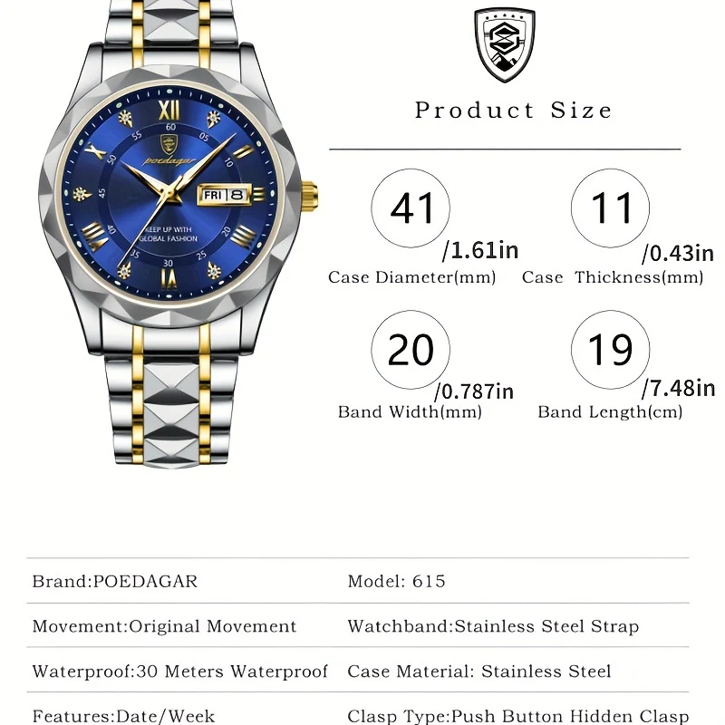 POEDAGAR Orologio Da Uomo Di Lusso Delle Migliori Marche Orologio Da Uomo Impermeabile Luminoso Con Data Diurna Orologio Da Uomo Al Quarzo In Acciaio Inossidabile