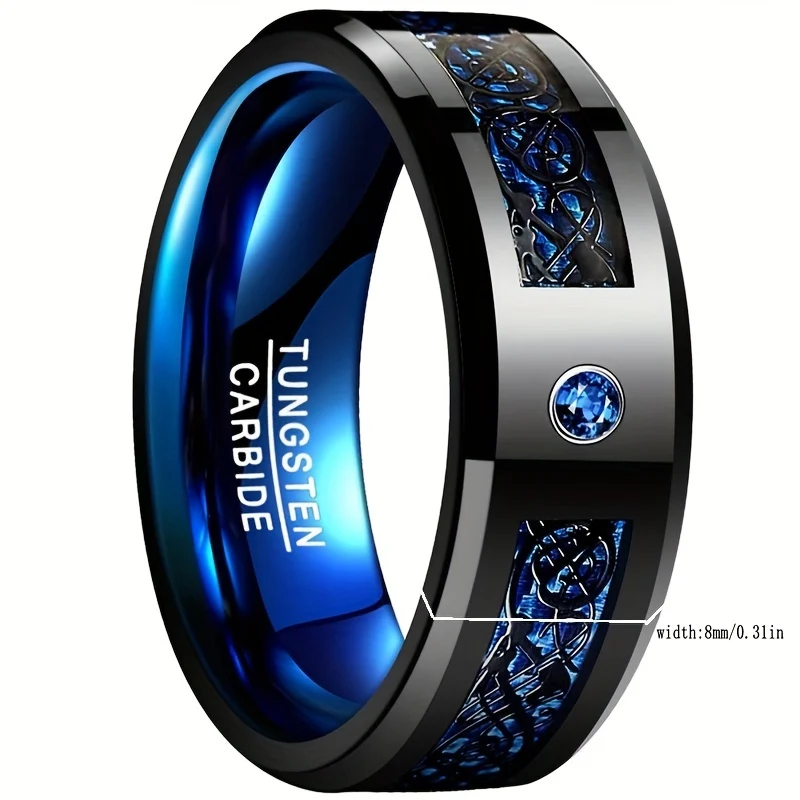 1pc 8MM Ampia Incastonato Nero Modello di Drago Blu in Fibra di Carbonio Anello in Tungsteno degli Uomini USA Taglia 7-14