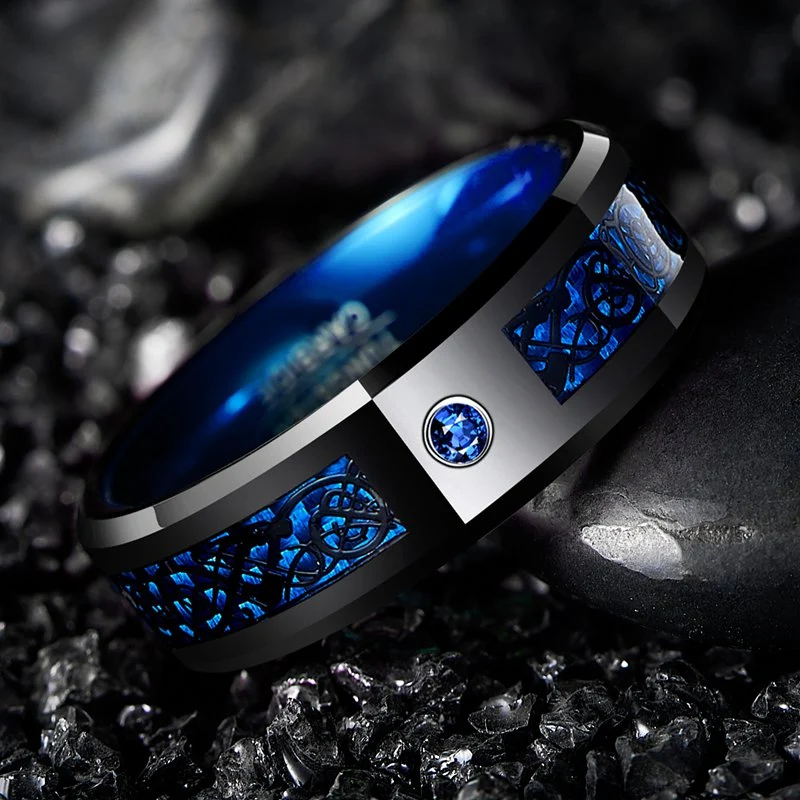 1pc 8MM Ampia Incastonato Nero Modello di Drago Blu in Fibra di Carbonio Anello in Tungsteno degli Uomini USA Taglia 7-14