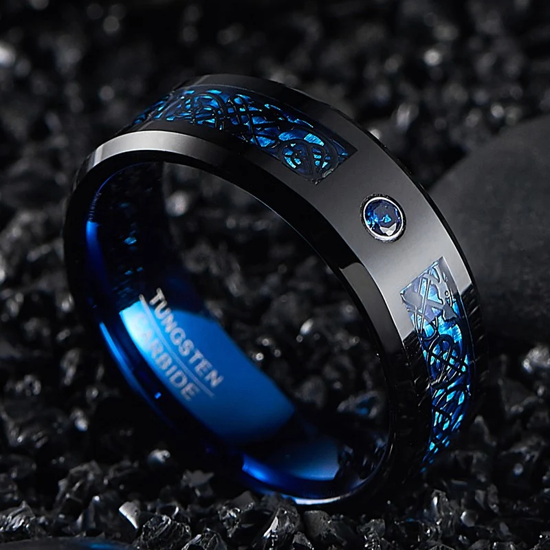 1pc 8MM Ampia Incastonato Nero Modello di Drago Blu in Fibra di Carbonio Anello in Tungsteno degli Uomini USA Taglia 7-14
