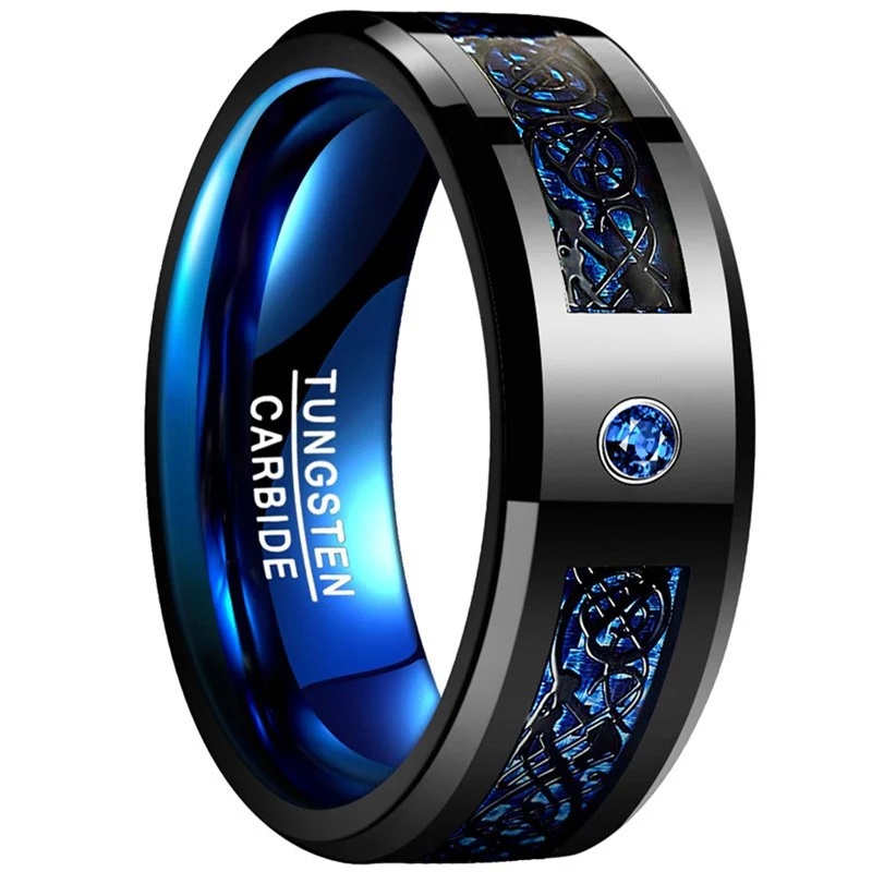 1pc 8MM Ampia Incastonato Nero Modello di Drago Blu in Fibra di Carbonio Anello in Tungsteno degli Uomini USA Taglia 7-14