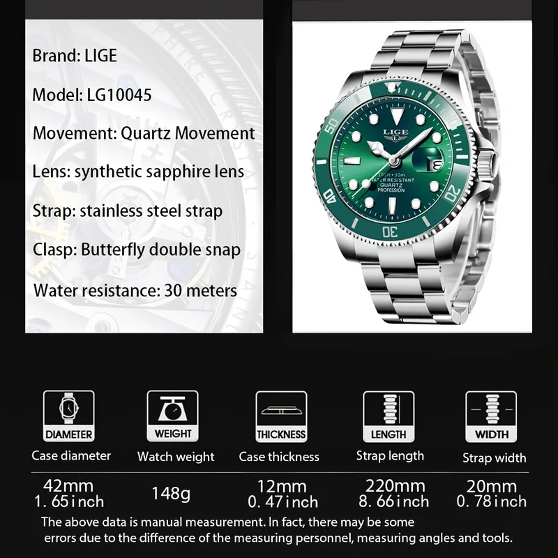 LIGE Luxury Fashion Diver Watch Men 30ATM Waterproof Date Clock Orologi Sportivi Orologio Da Polso Al Quarzo Da Uomo