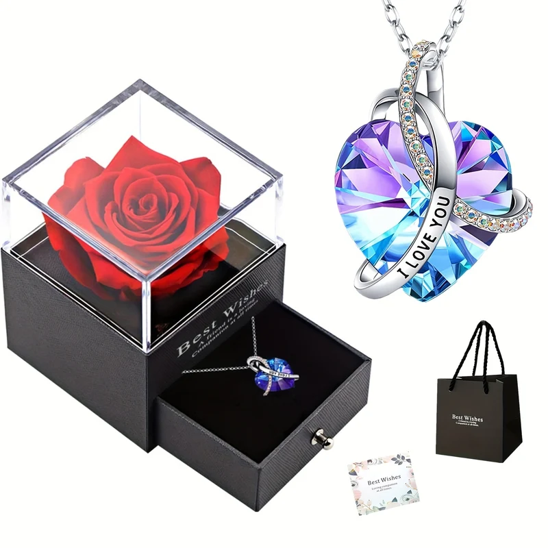 Rosa Rossa Vera Conservata Con Collana A Cuore Ti Amo - Fiori Eterni Rose Regali Per Mamma Nonna Moglie Fidanzata Compleanno Anniversario Regali Romantici Dal Fidanzato