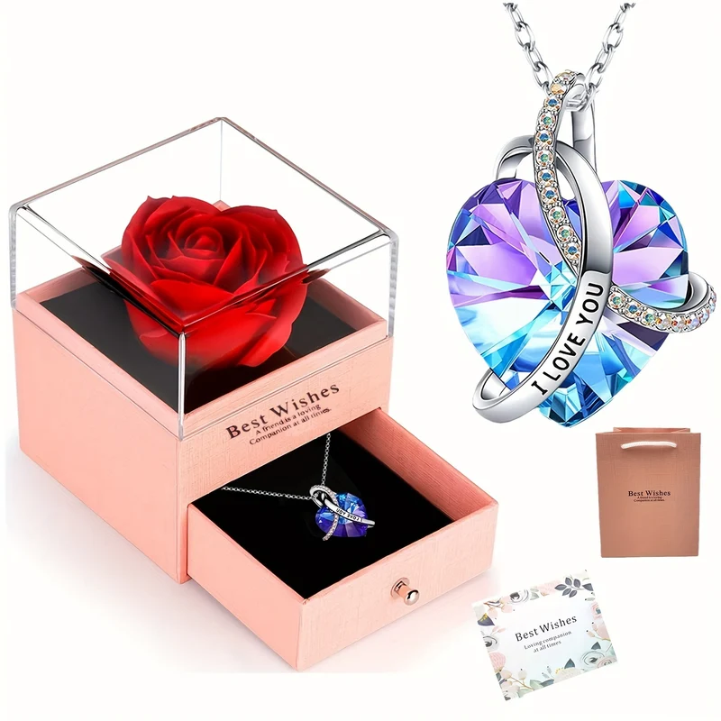 Rosa Rossa Vera Conservata Con Collana A Cuore Ti Amo - Fiori Eterni Rose Regali Per Mamma Nonna Moglie Fidanzata Compleanno Anniversario Regali Romantici Dal Fidanzato