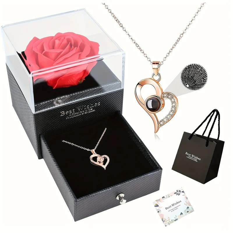 Rosa Rossa Vera Conservata Con Collana A Cuore Ti Amo - Fiori Eterni Rose Regali Per Mamma Nonna Moglie Fidanzata Compleanno Anniversario Regali Romantici Dal Fidanzato