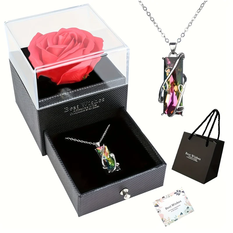 Rosa Rossa Vera Conservata Con Collana A Cuore Ti Amo - Fiori Eterni Rose Regali Per Mamma Nonna Moglie Fidanzata Compleanno Anniversario Regali Romantici Dal Fidanzato