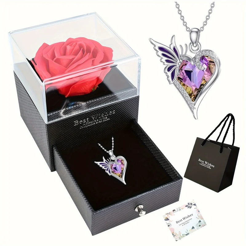 Rosa Rossa Vera Conservata Con Collana A Cuore Ti Amo - Fiori Eterni Rose Regali Per Mamma Nonna Moglie Fidanzata Compleanno Anniversario Regali Romantici Dal Fidanzato