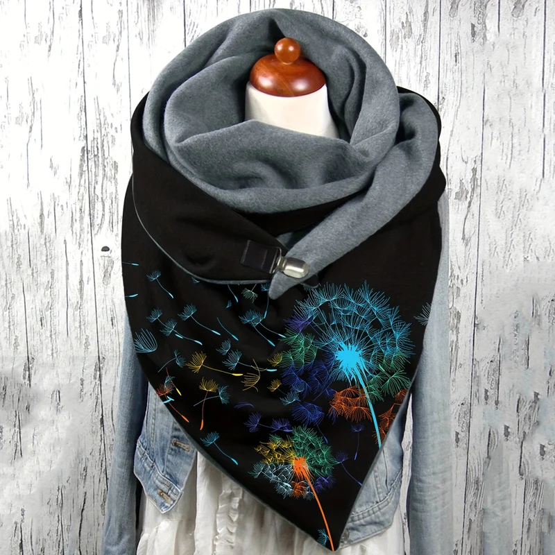 Sciarpa A Triangolo Stampata Con Fiore Di Tarassaco, Elegante Fibbia Metallica, Scialle Elasticizzato, Protezione Calda Del Collo Per Donne Autunno Inverno