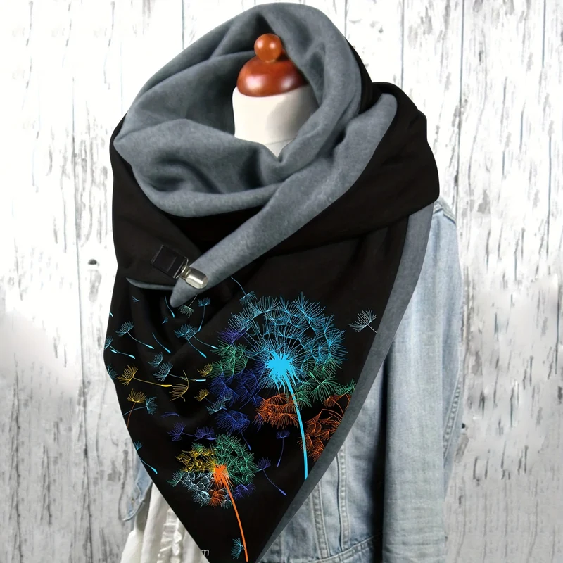 Sciarpa A Triangolo Stampata Con Fiore Di Tarassaco, Elegante Fibbia Metallica, Scialle Elasticizzato, Protezione Calda Del Collo Per Donne Autunno Inverno