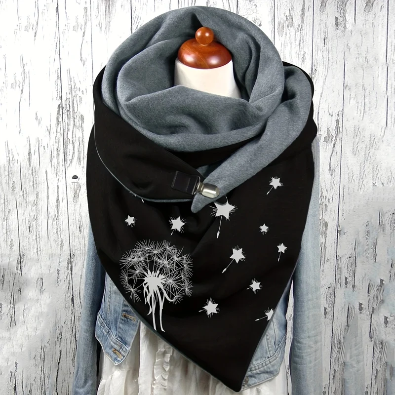 Sciarpa A Triangolo Stampata Con Fiore Di Tarassaco, Elegante Fibbia Metallica, Scialle Elasticizzato, Protezione Calda Del Collo Per Donne Autunno Inverno