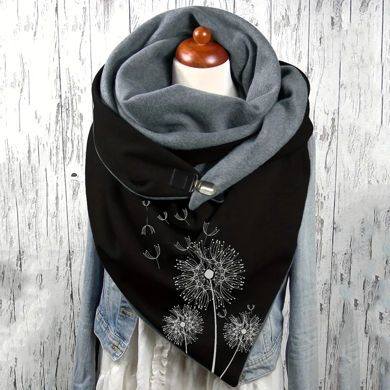 Sciarpa A Triangolo Stampata Con Fiore Di Tarassaco, Elegante Fibbia Metallica, Scialle Elasticizzato, Protezione Calda Del Collo Per Donne Autunno Inverno