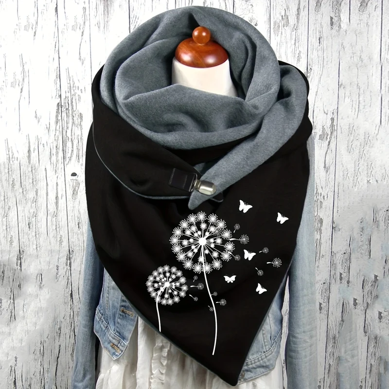 Sciarpa A Triangolo Stampata Con Fiore Di Tarassaco, Elegante Fibbia Metallica, Scialle Elasticizzato, Protezione Calda Del Collo Per Donne Autunno Inverno