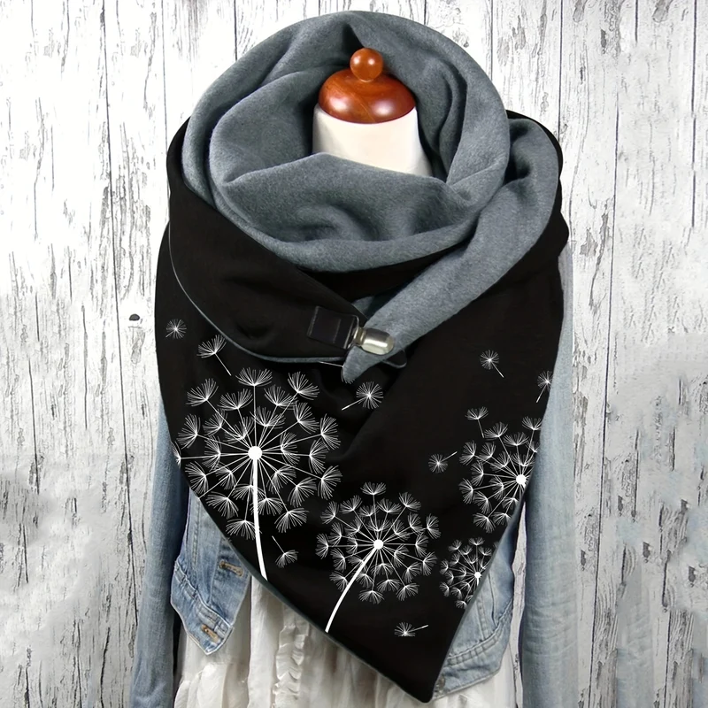 Sciarpa A Triangolo Stampata Con Fiore Di Tarassaco, Elegante Fibbia Metallica, Scialle Elasticizzato, Protezione Calda Del Collo Per Donne Autunno Inverno