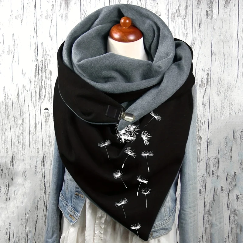 Sciarpa A Triangolo Stampata Con Fiore Di Tarassaco, Elegante Fibbia Metallica, Scialle Elasticizzato, Protezione Calda Del Collo Per Donne Autunno Inverno