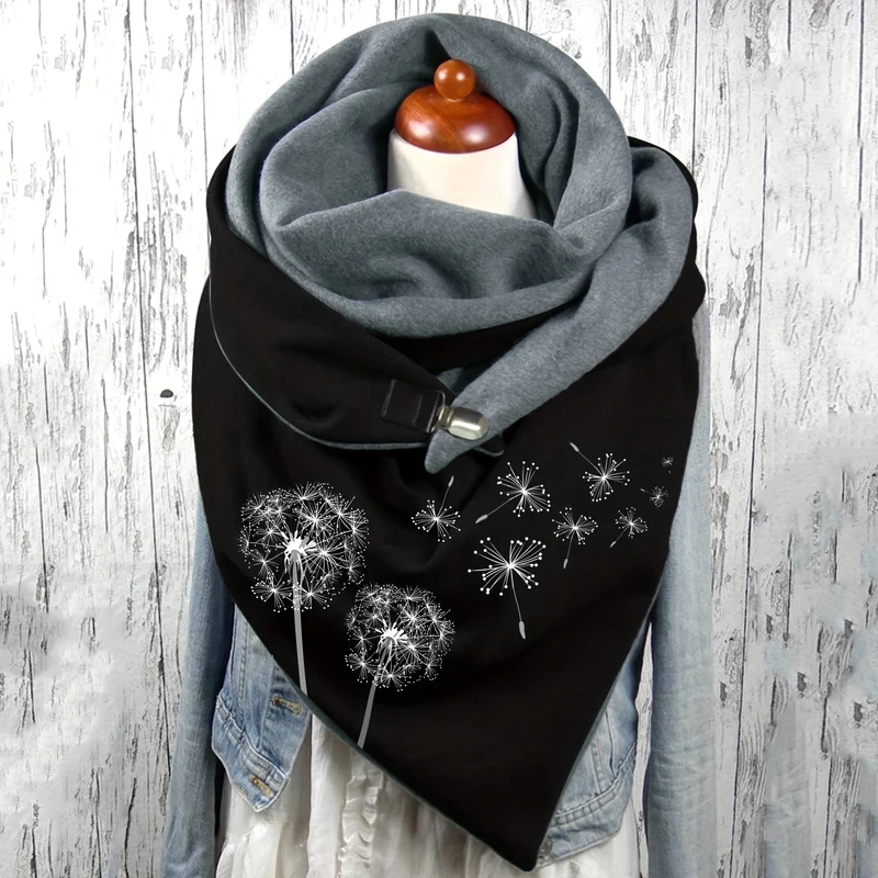 Sciarpa A Triangolo Stampata Con Fiore Di Tarassaco, Elegante Fibbia Metallica, Scialle Elasticizzato, Protezione Calda Del Collo Per Donne Autunno Inverno