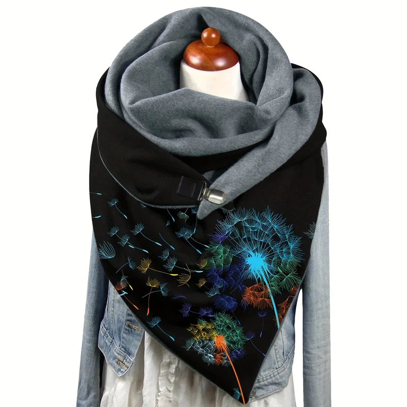 Sciarpa A Triangolo Stampata Con Fiore Di Tarassaco, Elegante Fibbia Metallica, Scialle Elasticizzato, Protezione Calda Del Collo Per Donne Autunno Inverno