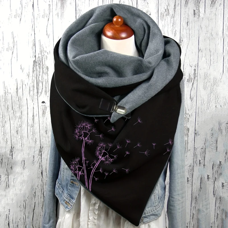 Sciarpa A Triangolo Stampata Con Fiore Di Tarassaco, Elegante Fibbia Metallica, Scialle Elasticizzato, Protezione Calda Del Collo Per Donne Autunno Inverno