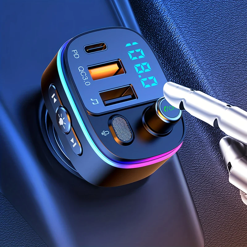 Trasmettitore FM Per Auto, Caricabatteria Per Auto USB-C Wireless 5.0 QC3.0 E PD 18W, Ricevitore Per Auto Retroilluminato 9 RGB, Supporto Chiamate In Vivavoce, Siri Google, Unità USB