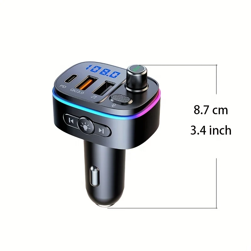 Trasmettitore FM Per Auto, Caricabatteria Per Auto USB-C Wireless 5.0 QC3.0 E PD 18W, Ricevitore Per Auto Retroilluminato 9 RGB, Supporto Chiamate In Vivavoce, Siri Google, Unità USB