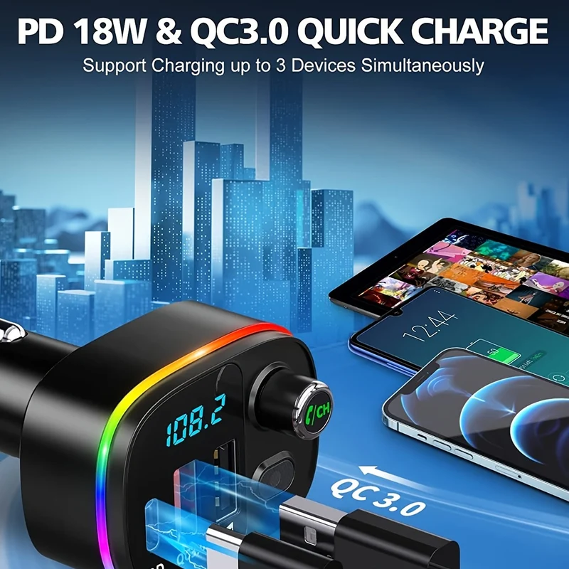 Trasmettitore FM Per Auto, Caricabatteria Per Auto USB-C Wireless 5.0 QC3.0 E PD 18W, Ricevitore Per Auto Retroilluminato 9 RGB, Supporto Chiamate In Vivavoce, Siri Google, Unità USB