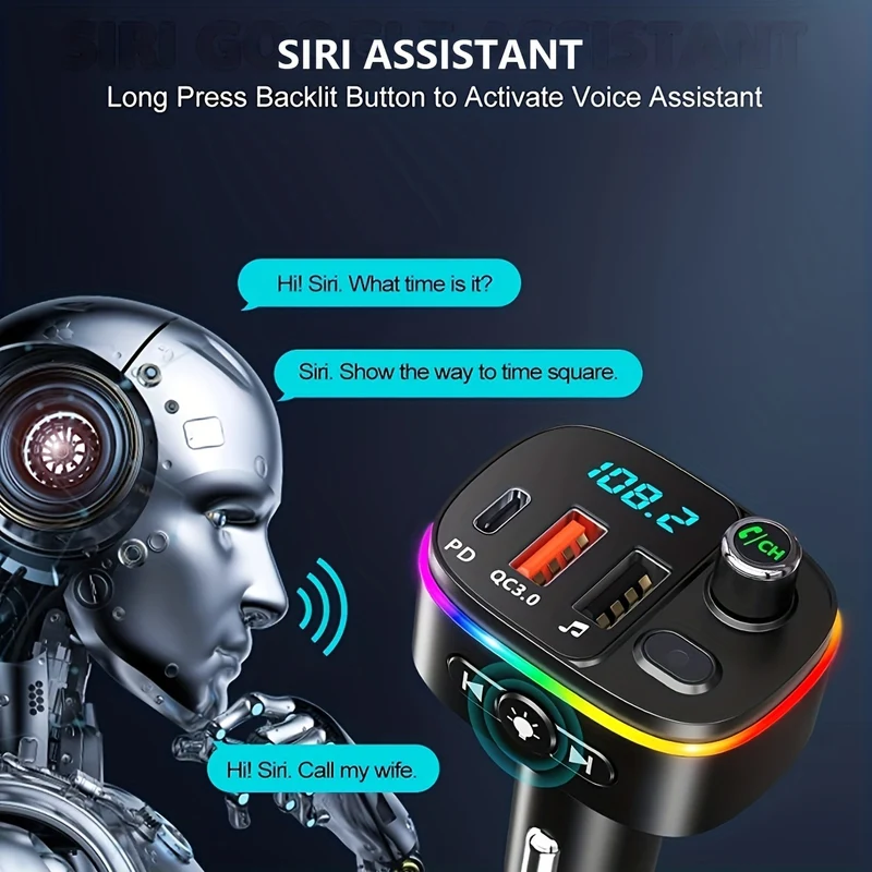 Trasmettitore FM Per Auto, Caricabatteria Per Auto USB-C Wireless 5.0 QC3.0 E PD 18W, Ricevitore Per Auto Retroilluminato 9 RGB, Supporto Chiamate In Vivavoce, Siri Google, Unità USB