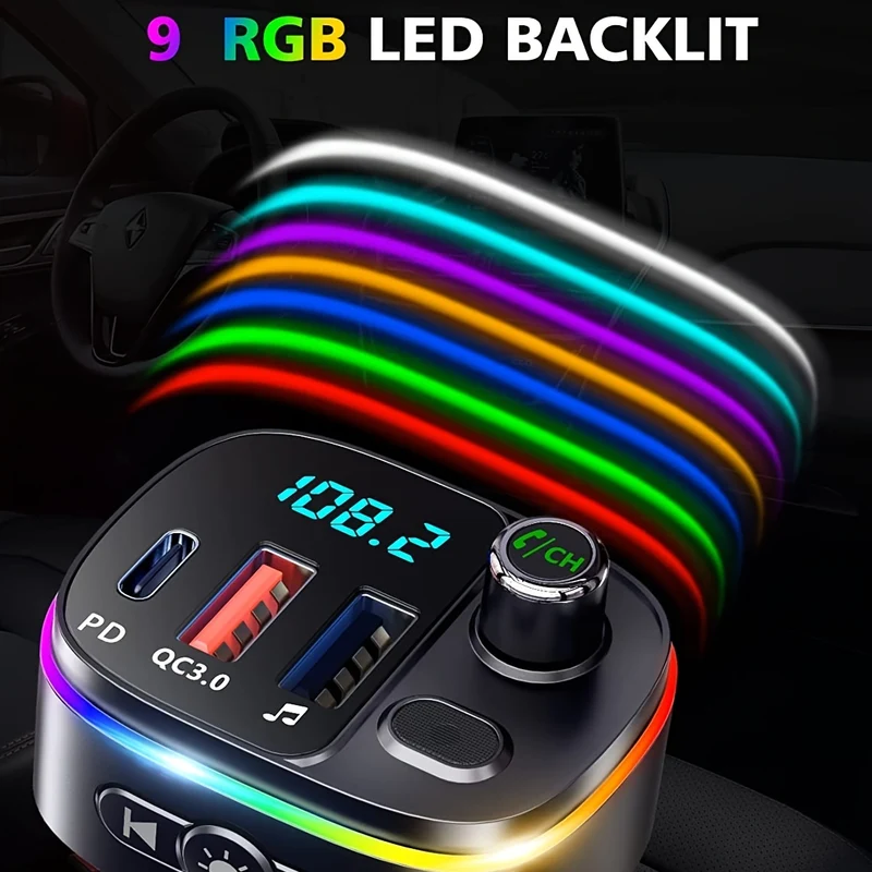 Trasmettitore FM Per Auto, Caricabatteria Per Auto USB-C Wireless 5.0 QC3.0 E PD 18W, Ricevitore Per Auto Retroilluminato 9 RGB, Supporto Chiamate In Vivavoce, Siri Google, Unità USB