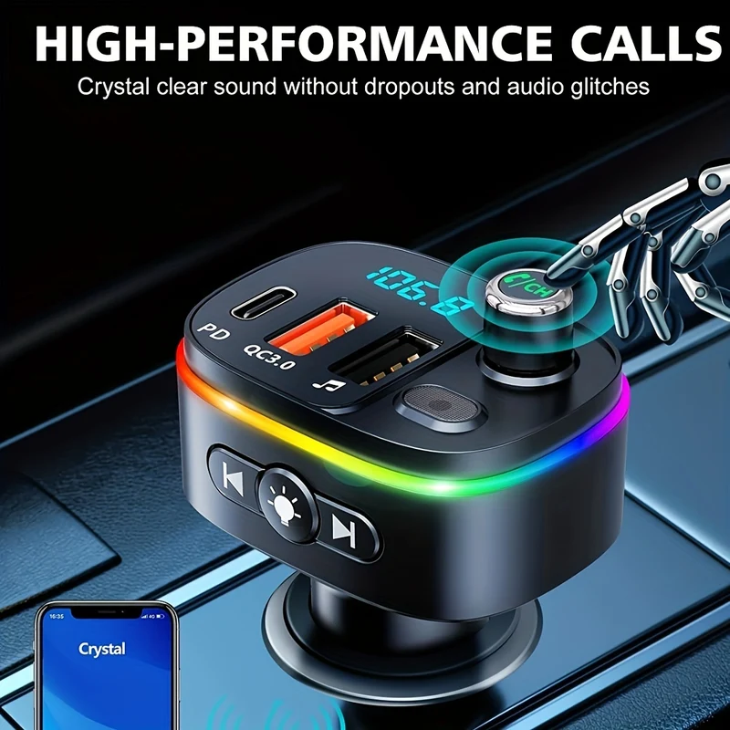 Trasmettitore FM Per Auto, Caricabatteria Per Auto USB-C Wireless 5.0 QC3.0 E PD 18W, Ricevitore Per Auto Retroilluminato 9 RGB, Supporto Chiamate In Vivavoce, Siri Google, Unità USB