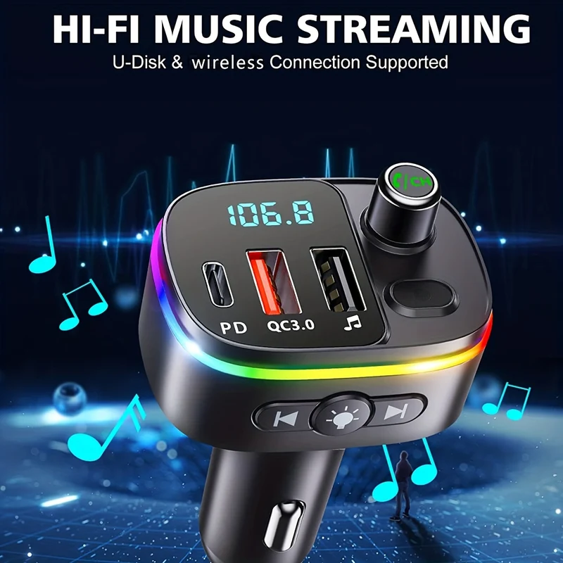 Trasmettitore FM Per Auto, Caricabatteria Per Auto USB-C Wireless 5.0 QC3.0 E PD 18W, Ricevitore Per Auto Retroilluminato 9 RGB, Supporto Chiamate In Vivavoce, Siri Google, Unità USB