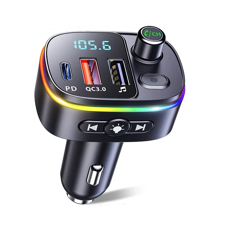Trasmettitore FM Per Auto, Caricabatteria Per Auto USB-C Wireless 5.0 QC3.0 E PD 18W, Ricevitore Per Auto Retroilluminato 9 RGB, Supporto Chiamate In Vivavoce, Siri Google, Unità USB