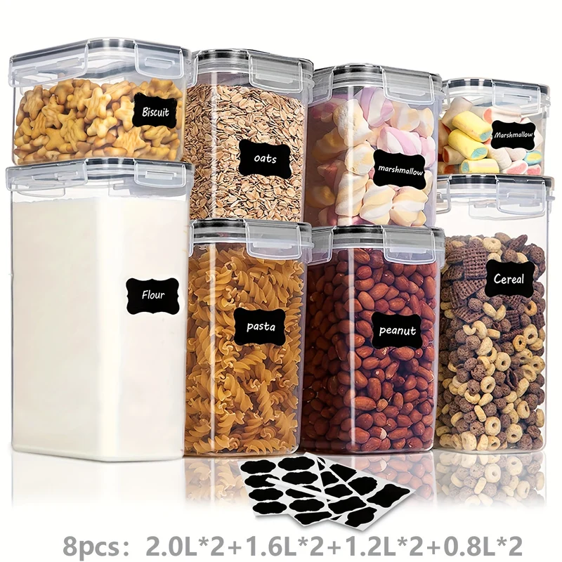 4/8/10 Pezzi Set Di Contenitori Per Alimenti Ermetici Con Coperchi, Contenitori Per La Dispensa E La Cucina In Plastica Privi Di BPA Per Cereali, Farina, Zucchero, Con Etichette