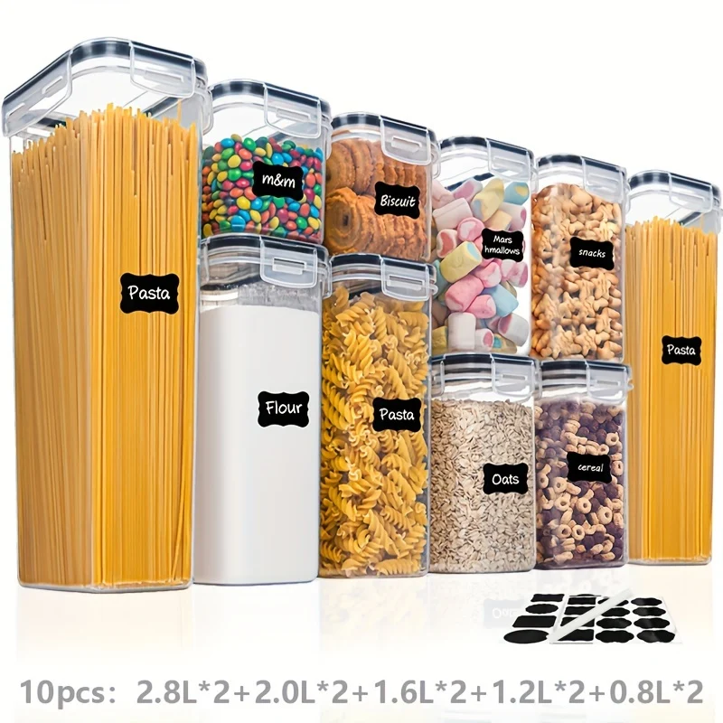 4/8/10 Pezzi Set Di Contenitori Per Alimenti Ermetici Con Coperchi, Contenitori Per La Dispensa E La Cucina In Plastica Privi Di BPA Per Cereali, Farina, Zucchero, Con Etichette