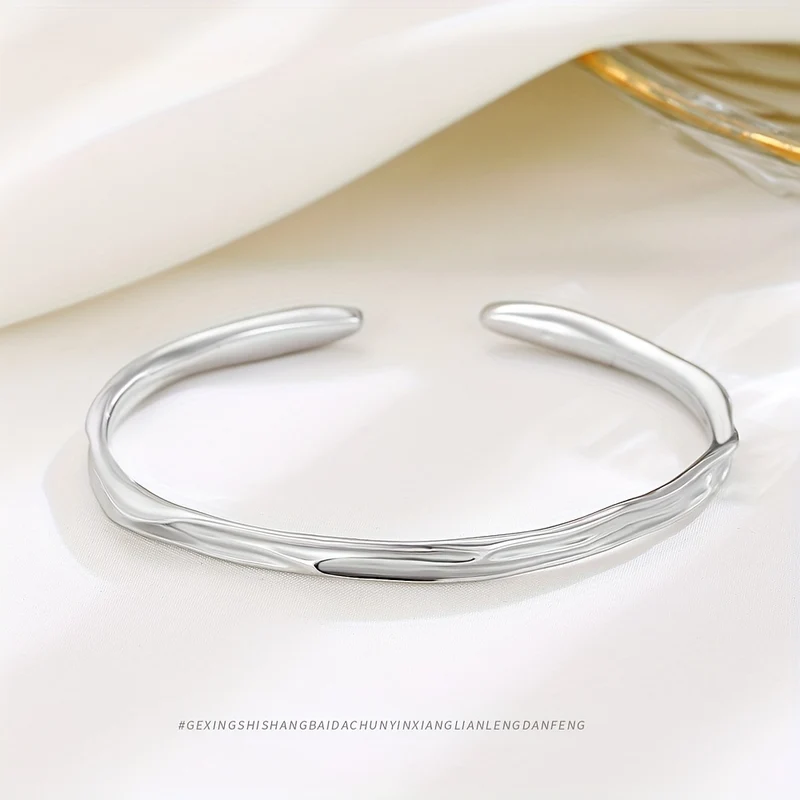Bracciale Rigido Con Superficie Concava Irregolare In Argento Sterling 925, Gioielli A Mano Color Argento, Accessori Eleganti Color Argento