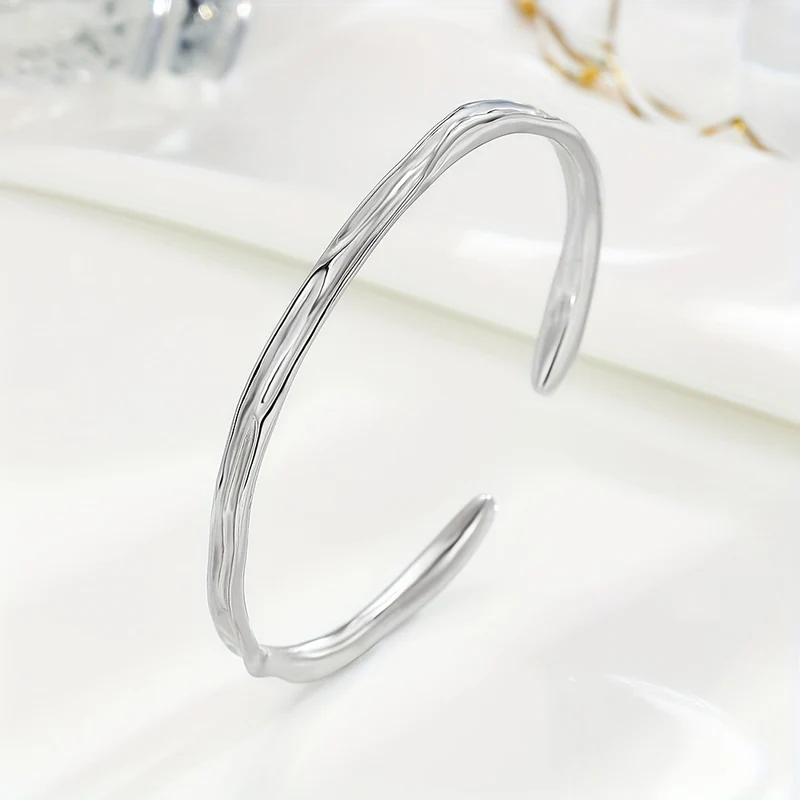 Bracciale Rigido Con Superficie Concava Irregolare In Argento Sterling 925, Gioielli A Mano Color Argento, Accessori Eleganti Color Argento