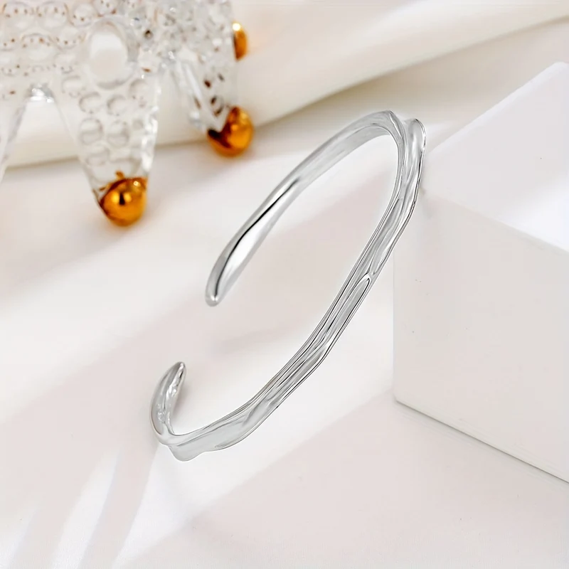 Bracciale Rigido Con Superficie Concava Irregolare In Argento Sterling 925, Gioielli A Mano Color Argento, Accessori Eleganti Color Argento