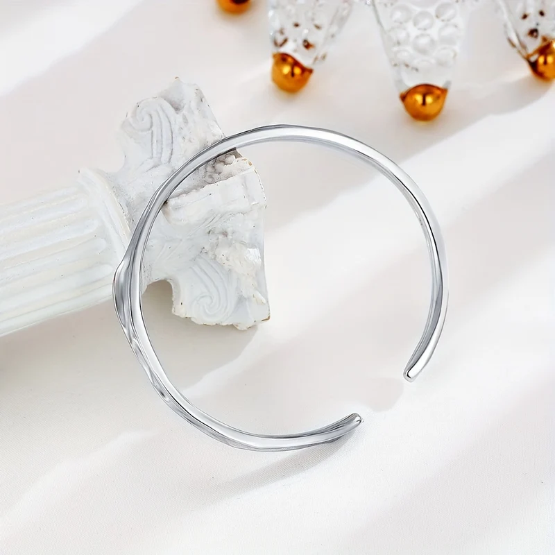 Bracciale Rigido Con Superficie Concava Irregolare In Argento Sterling 925, Gioielli A Mano Color Argento, Accessori Eleganti Color Argento