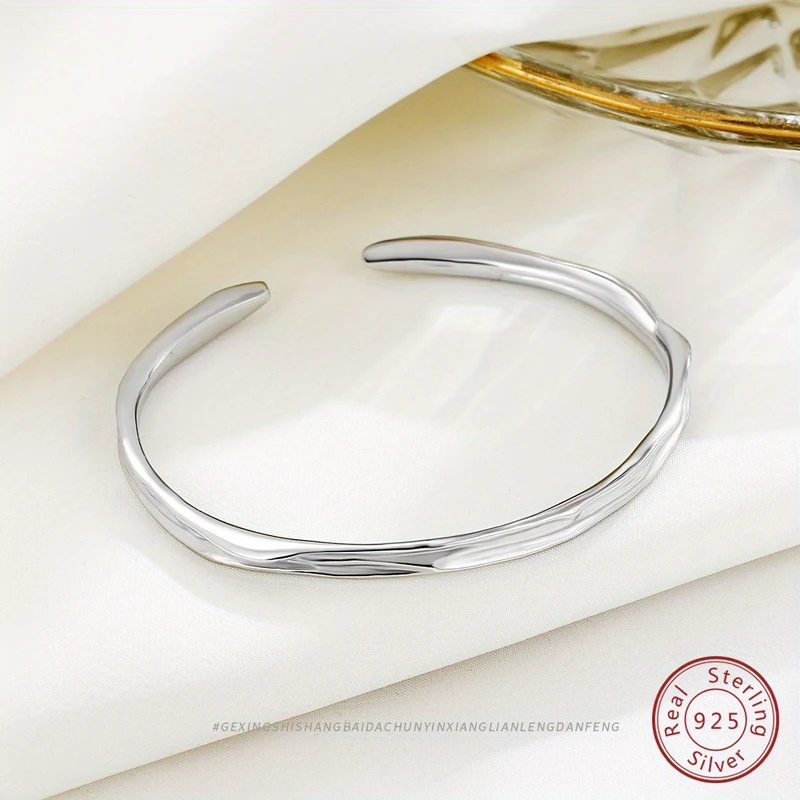Bracciale Rigido Con Superficie Concava Irregolare In Argento Sterling 925, Gioielli A Mano Color Argento, Accessori Eleganti Color Argento