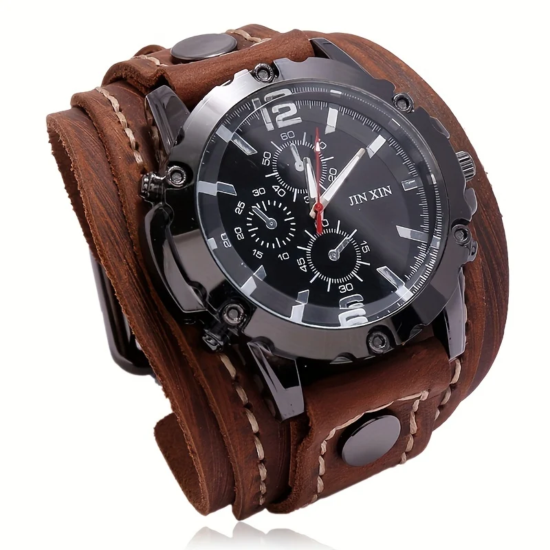 1 Pezzo Di Orologio Vintage In Pelle Di Vacchetta Cucito A Mano, Braccialetto Da Uomo Esagerato