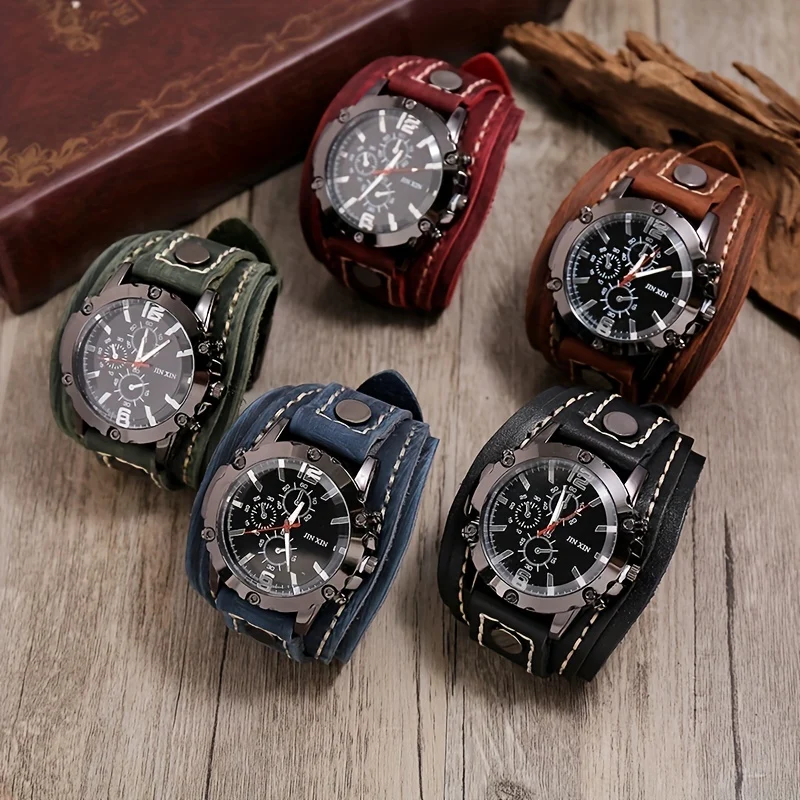 1 Pezzo Di Orologio Vintage In Pelle Di Vacchetta Cucito A Mano, Braccialetto Da Uomo Esagerato