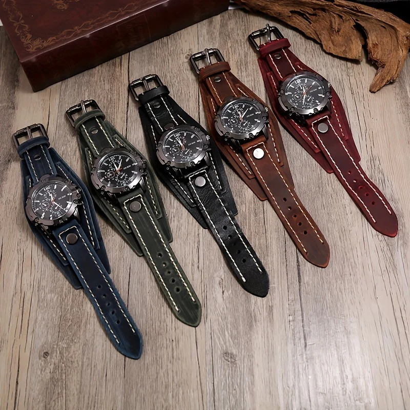 1 Pezzo Di Orologio Vintage In Pelle Di Vacchetta Cucito A Mano, Braccialetto Da Uomo Esagerato