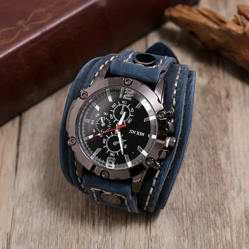 1 Pezzo Di Orologio Vintage In Pelle Di Vacchetta Cucito A Mano, Braccialetto Da Uomo Esagerato