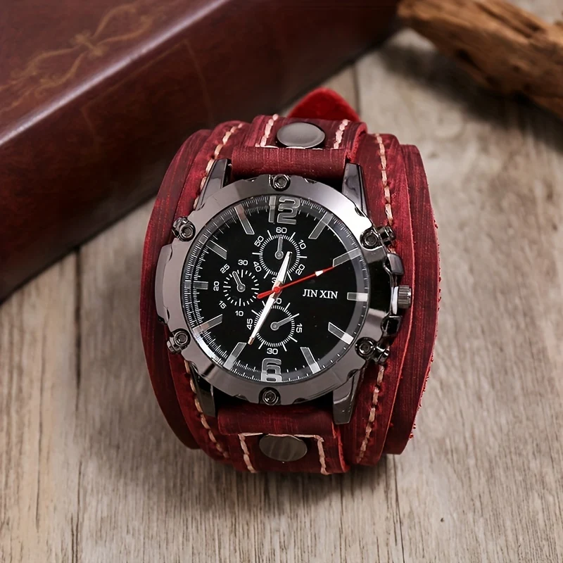 1 Pezzo Di Orologio Vintage In Pelle Di Vacchetta Cucito A Mano, Braccialetto Da Uomo Esagerato