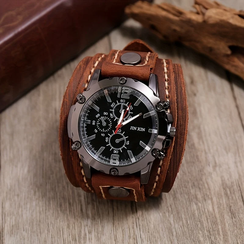 1 Pezzo Di Orologio Vintage In Pelle Di Vacchetta Cucito A Mano, Braccialetto Da Uomo Esagerato
