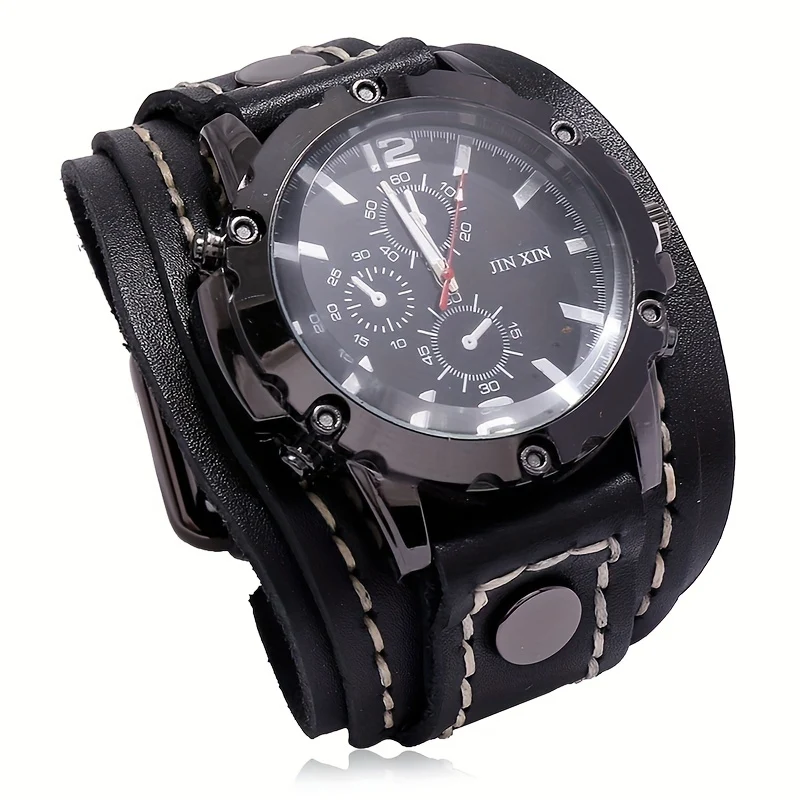 1 Pezzo Di Orologio Vintage In Pelle Di Vacchetta Cucito A Mano, Braccialetto Da Uomo Esagerato