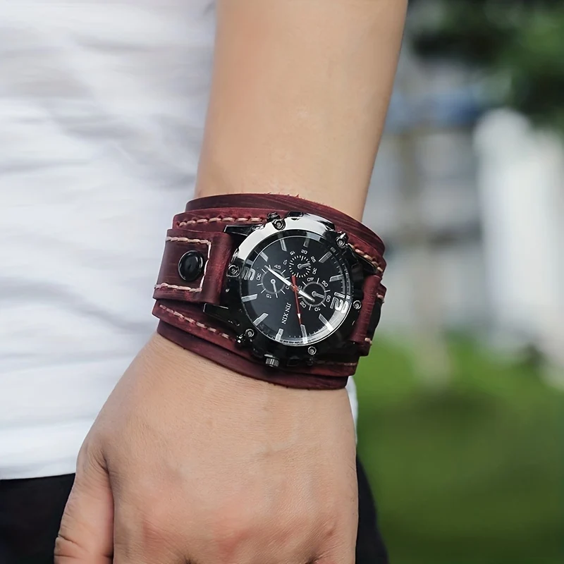 1 Pezzo Di Orologio Vintage In Pelle Di Vacchetta Cucito A Mano, Braccialetto Da Uomo Esagerato